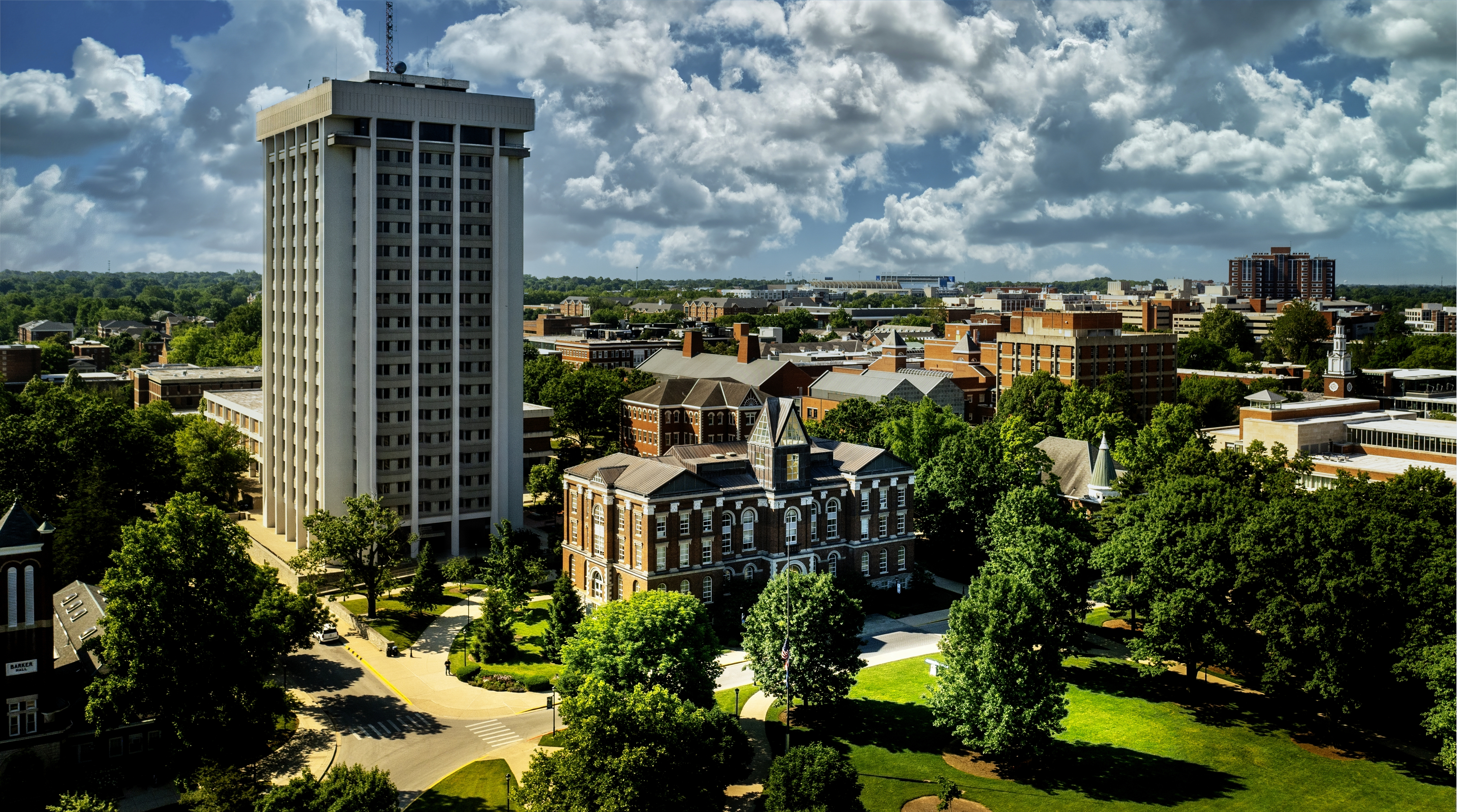 aerial view of campus with the Main Building and Patterson Office Tower. 