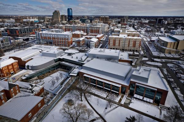 Bird's eye view of snowy campus buildings