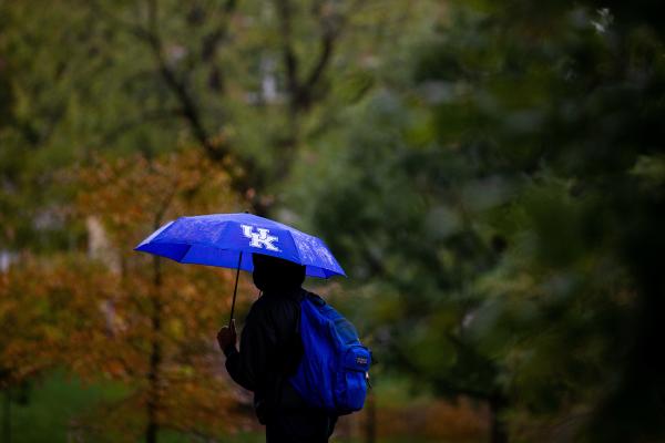 Individual walks in the rain under a UK umbrella