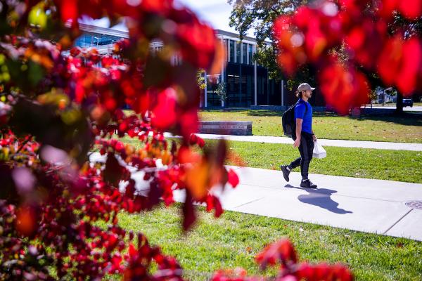 Photo of student walking on campus behind fall leaves