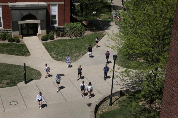 Aerial photo of students walking on campus