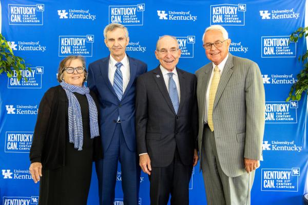 Photo of Vice President for Land-grant Engagement Nancy Cox, Gatton Foundation Trustee Danny Dunn, UK President Eli Capilouto and Mike Richey, retired VP for philanthropy and alumni engagement