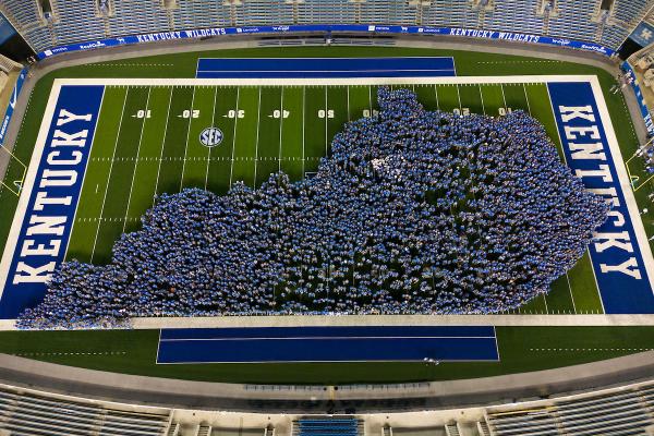 This is a photo of the incoming class in the shape of Kentucky on Kroger Field in August 2023. 