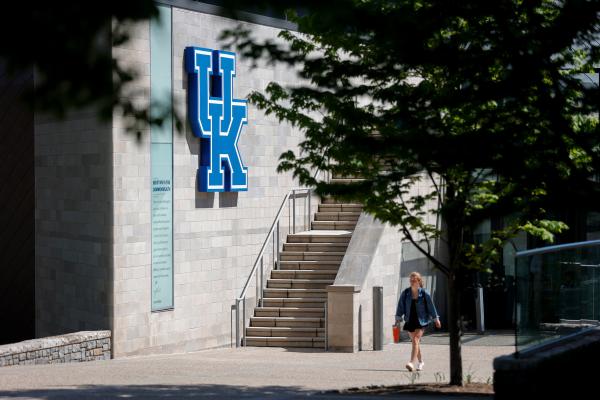 This is a photo of the UK sign on the Gatton Student Center building on the UK campus. 