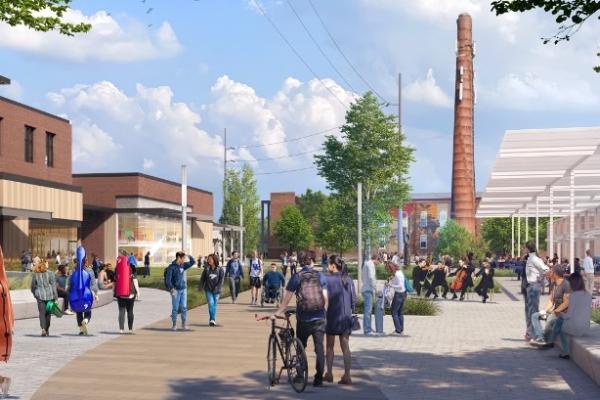 Rendering of an area with buildings and people.