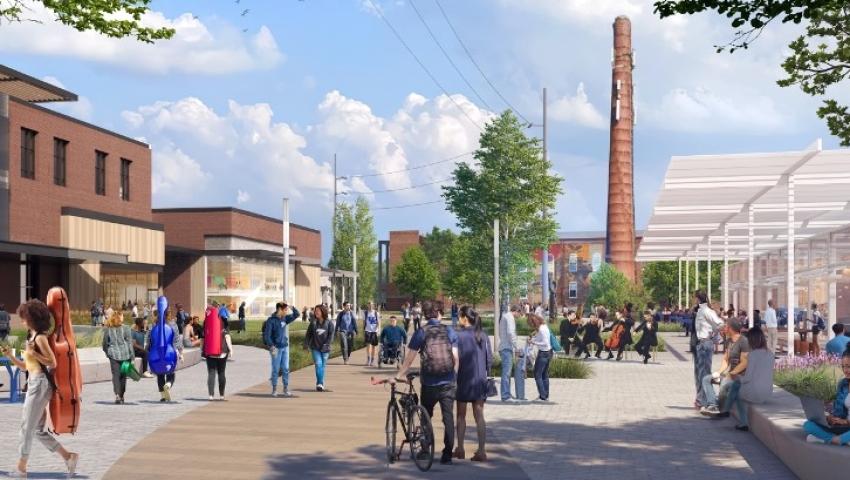 Rendering of an area with buildings and people.