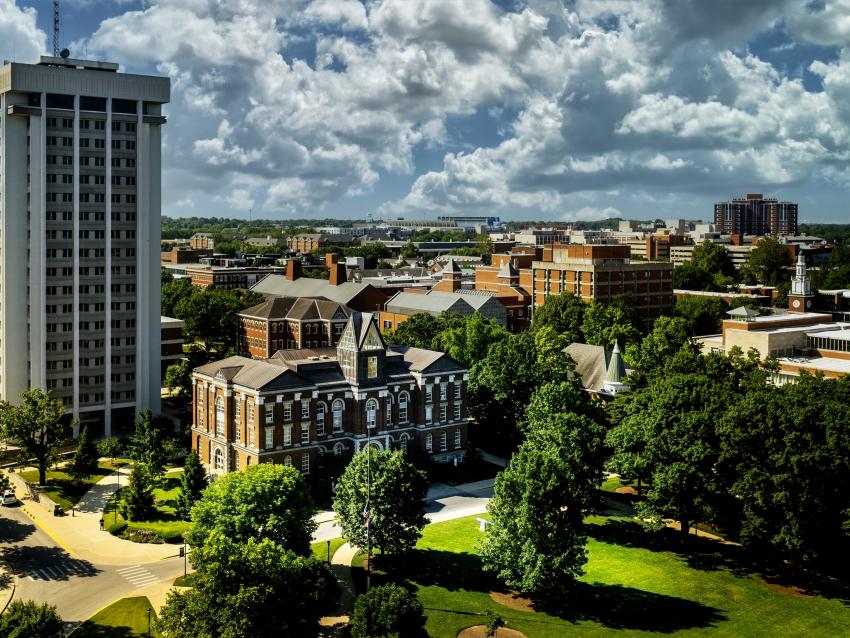 aerial view of campus with the Main Building and Patterson Office Tower. 