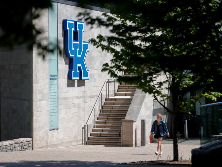 This is a photo of the UK sign on the Gatton Student Center building on the UK campus.