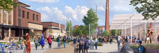 Rendering of an area with buildings and people.