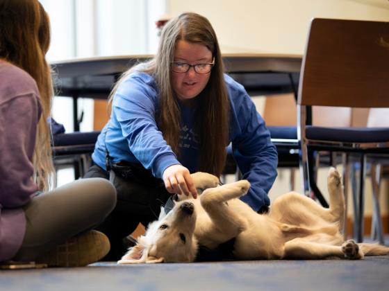 students playing with dog for a mental break