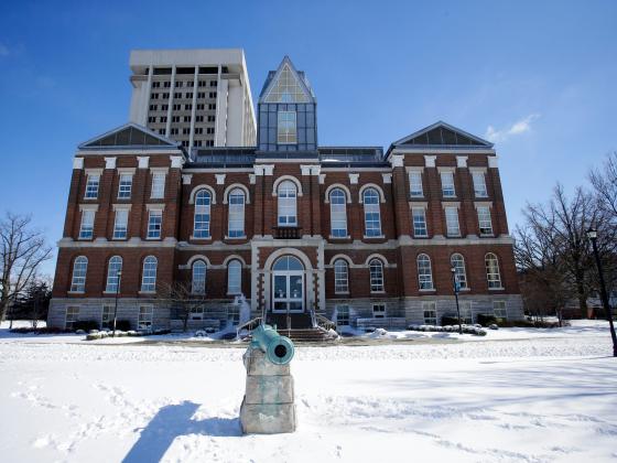 Main Building in the winter with snow on the ground